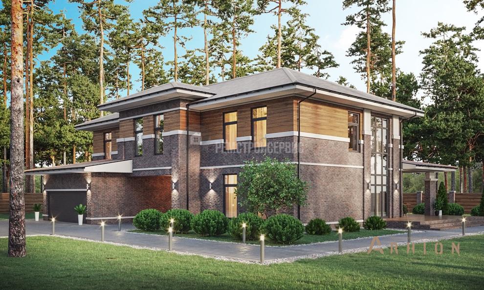 2. Проект двухэтажного дома в современном стиле с многоскатной кровлей, t-69-01, площадью - 420 кв c терассой, гаражом